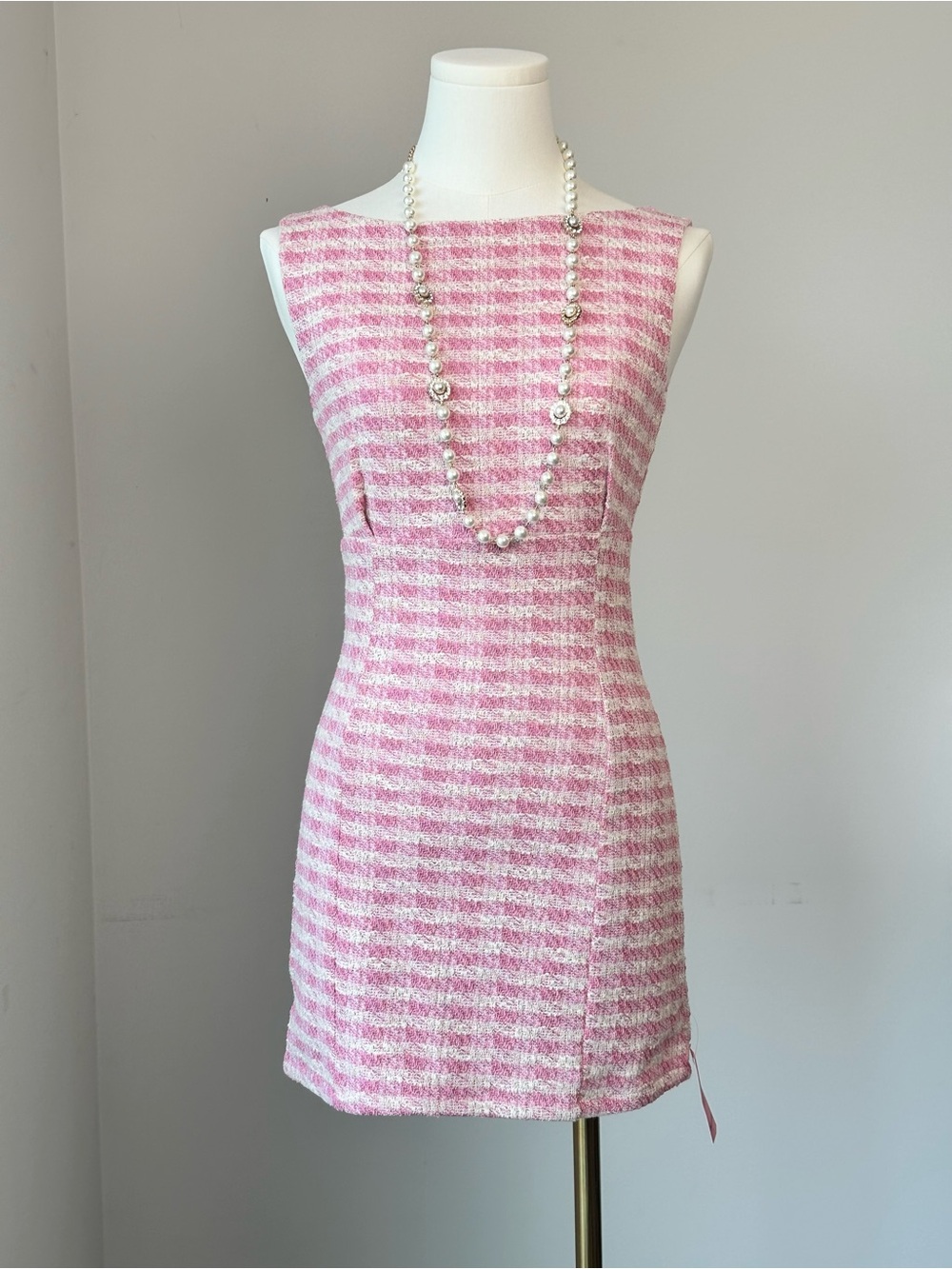 PrettyLittleThing Pink & White Tweed Mini Dress with Boat Neckline NWT